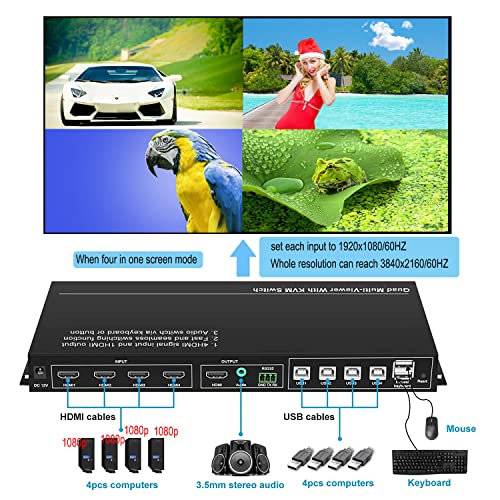 HDMI kVM prekidač, 4k @ 60Hz 4 port HDMI ulaz 1 monitor Vedio procesor Quad Multi-Viewer, audio preklopnik
