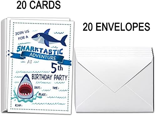 Ukebobo 5. rođendan Poziv sa kovertama - morski pas rođendani pozivnice, ukrasi za zabave morskih pasa - 20