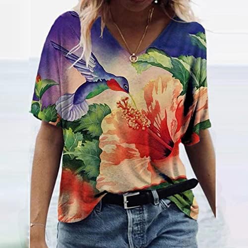 Teen Girls Majica kratkih rukava ptica cvjetna grafika labava Fit Plus size bluze T majica Dubina V izrez Lounge