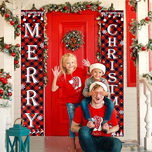 Sretan božićni baner za dom, božićni trijem potpisuje vanjski unutarnji ukrasi, crveni baner pluća na dnevnom
