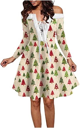 Ruziyoog Ženska haljina moda, Santa Claus Print Dugim rukavima UP UP V Crch haljine Velvet Off Off Party Mini