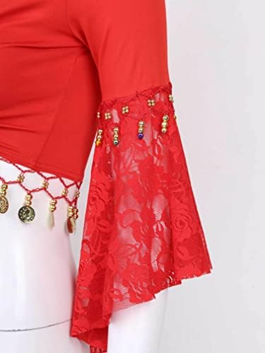 EasyForever ženske čipke za plamene rukave prednji šal Glitter Bead Tassel Trpel Dance Top Dancewear
