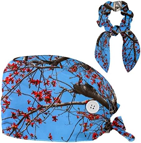 Kape za piling za medicinske sestre za žene duga kosa, Drvo plava Podesiva Radna kapa sa dugmetom i mašnom za