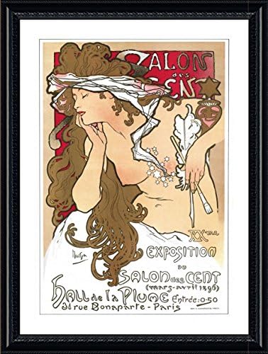 Alonline Art - Salon des cent alphonse Mucha | Crna uokvirena slika tiskana na pamučnom platnu, pričvršćenu