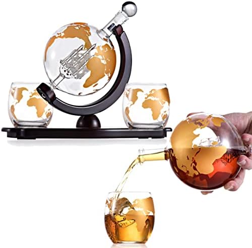 Whisky Decanter Globe Poklon Set-sa dve 10 oz Gold Etched Globe Whisky naočare-na bogatom drvenom Mahagoni