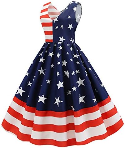 Lmdudanske koktelske haljine za neovisnost Ženska američka zastava tiskana Flowy Swing haljina bez rukava V