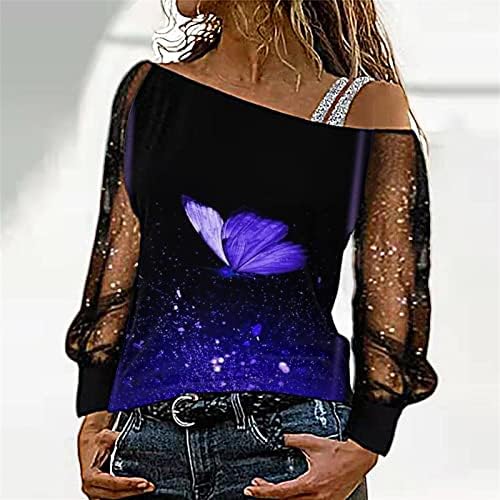 IIOUS Sequin tisak mreža dugih rukava za žene Seksi od pulover na ramenu Dressy asimetrični ramena