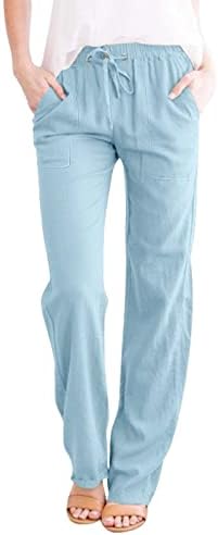 ETHKIA Plus Size lanene pantalone ravne nogavice visokog struka elegantne lanene pantalone sa džepovima široke
