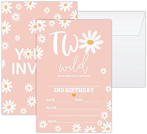 4 X6 pozivnice za rođendan sa kovertama od 20, Boho Daisy dva divlja rođendana za dječake, djevojke, djecu ili