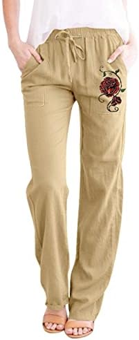 Kcjgikpok ženske platnene pantalone, čvrste visoke struka širokih nogavica modne pantalone
