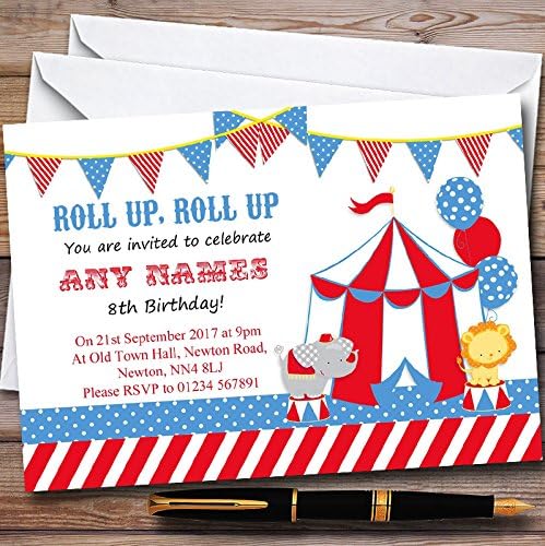 CARD ZOO crveni i plavi cirkus Slon Lion personalizirani dječji pozivnice za rođendan