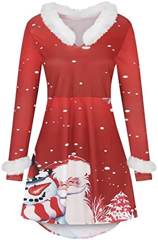Božićne haljine za žene Fuzzy V izrez Dugi rukav Casual Swing haljina za odmor koktel zabava Flare a-line haljina