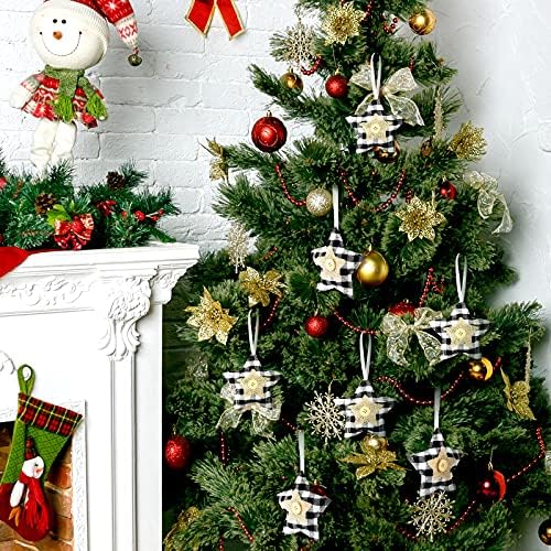 6 komada Božić Burlap Star Ornamenti Buffalo Plaid ornamenti za božićno drvo Božić viseća zvijezda u