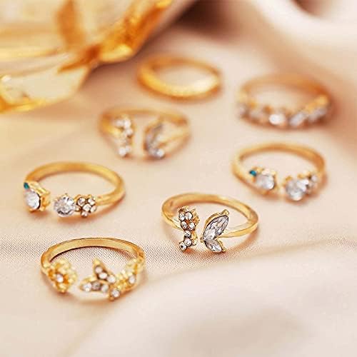 Yheakne Boho Rings Set Gold Rhinestone Knuckle Rings Slaganje Crystal Midi prstenje modni prstenovi
