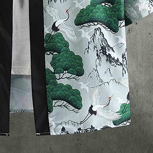 Beuu japanski Kimono kardigan za muškarce, labav otvoreni prednji 3/4 rukav bijeli kran sa cvjetnim