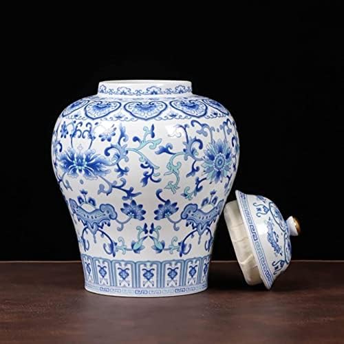 CNPraz Savremeni ukrasni keramički đumbir jar sa poklopcem, antikni plavi i bijeli porculanski hram jar,