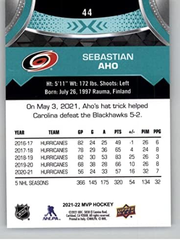 2021-22 Gornja paluba MVP 44 Sebastian Aho Carolina Hurricanes NHL hokejaška trgovačka kartica