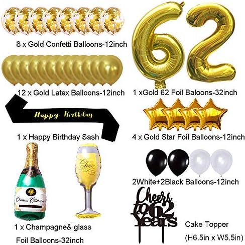 Zlatni 62. rođendan Kit, navijači do 62 godine Banner baloni 62. kolač za torte TOCPER rođendan Sash Gold