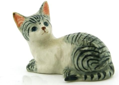 Changthai dizajn TINY 3½ Dugo crant up bijela siva tabby mačka minijaturna ručna izrađena platna keramička