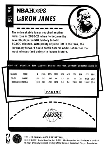 Lebron James 2021 2022 Hoops košarkaška serija Mint Card 136 slikajući ga u svom zlatnom lancu dresu