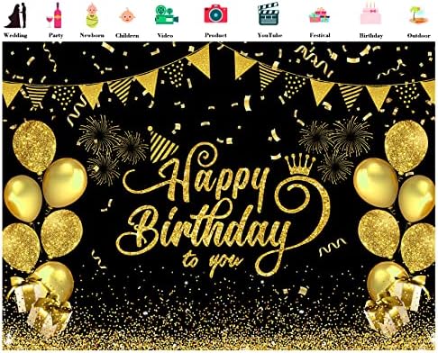 9x6ft Happy Birthday Backdrop Black And Gold Glitter Balloon Fireworks Sign Birthday Photo Backdrop