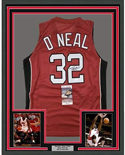 Uokvireni autografirani / potpisan Shaquille Shaq O'Neal 33x42 Miami crveni košarkaški dres JSA COA