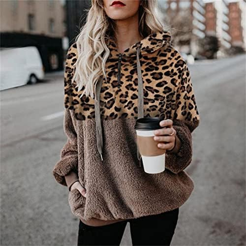 Žene Leopard patentni patentni džemper pulover preveliki kaput od runa džep za patchwork vrhova bluza za crtanje