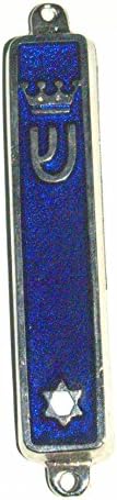 Judaica Blue Enamel Silver Tone Mezuzah Case Magen David Crown Dekoracija 7 cm