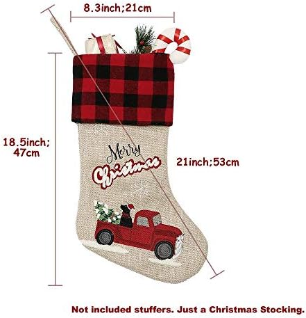 Xamshor Burlap posteljina Božićne čarape 21 inčni izvezeni kamion sa crvenim i crnim bivolom