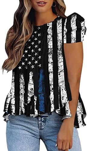 Ljetne košulje koje sakrivaju salo na stomaku za žene američka zastava Print Ruched ruffle hem bluze Crewneck