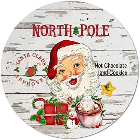 Okrugli metalni limenski znak Božić Sjeverni pol Santa Claus Classic bar bar potpisao sa vintage krugom vijenac