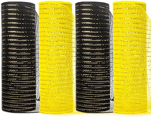 Ribbli 4 Rolks Crno-žuta metalik mrežasta mreža, deko mrežica 10 inča x 30 stopa svaka rola, crna i žuta vrpca
