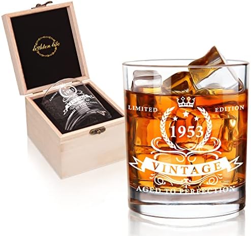 LIGHTEN LIFE pokloni za 70. rođendan za muškarce, 1953 Whisky Glass u cijenjenoj drvenoj kutiji, Whisky Bourbon
