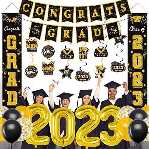 Diplomirani dekoracije 2023, Diplomirani poklopac za zabavu, čestitke Grad Banner Viseći Swirls GRAD FOIL