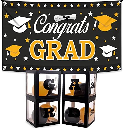 Čestitamo GRAD Diplomirani Backdrop 2022 - Veliki, 72x44 inčni | Crne kutije sa balonom | Dekoracija