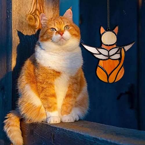 Angel Cat Memorijalni pokloni ukrasi, vitražni prozori viseći ukrasi za gubitak mačke, anđeoska krila narandžasti