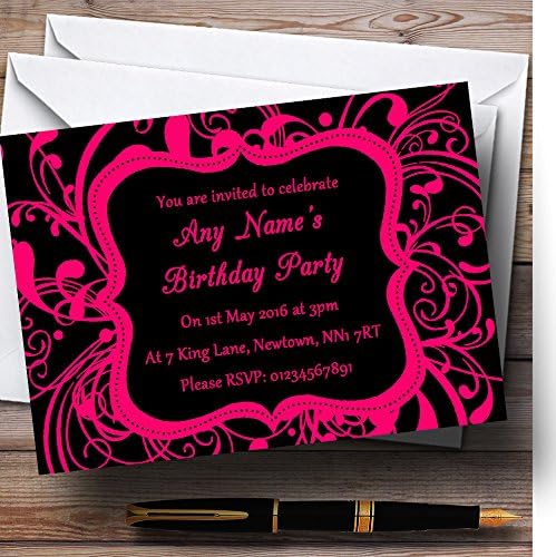 Crna i ružičasta vrtložna deco personalizirana pozivnica za rođendan