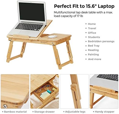 Songmics Laptop Desk, sklopivi ladicu, bambusov krevet sa nagibom, malom ladicom, za kućni ured, spavaća