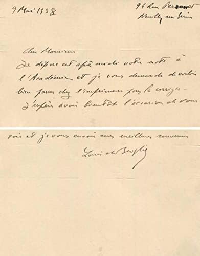 Nobel nagrada 1929 Fizičar Louis-Victor de Broglie Autograph Pismo potpisano i montirano