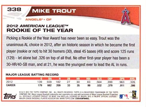 2013 topps 338 Mike Trout Baseball Card - pobjeda 2012 Rookie of Year nagrada