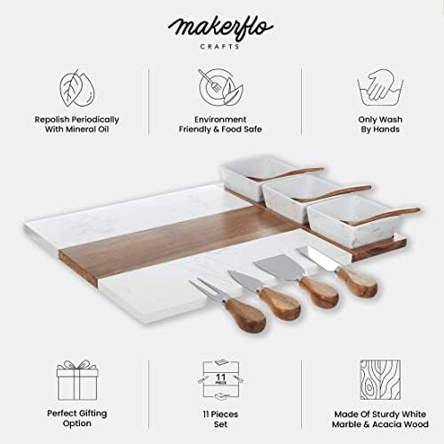 Makerflo šarcerijska ploča mramorna i bagrem, 15.5 X11.75 sise od sise sa 3 zdjele, 3 kašike i 4 šarcurie pribora,
