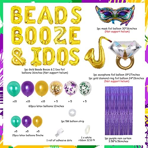 Mardi Gras Bachelorette Party Decoration Green Purple Gold Balloon Garland Kit Beads BOOZE I I DOS