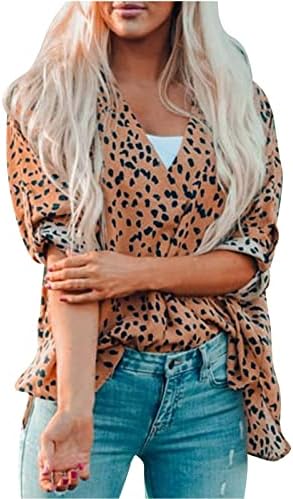 Modni ženski leopard ispis valjak za bluze u sredini duljine casual v vrat bočne splitske majice vrh