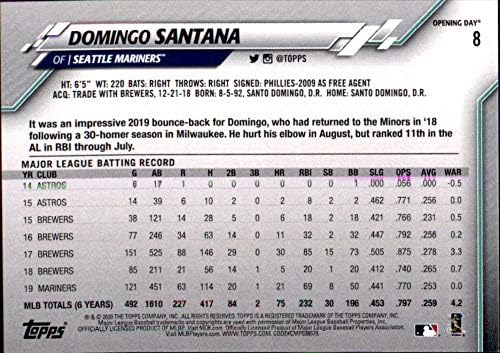 2020 TOPPS Otvaranje dnevna baseball 8 Domingo Santana Seattle Mariners Službena MLB trgovačka kartica