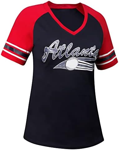Geneisteck Womens Atlanta City Bejzbol V vrat navijači Raglan T-Shirts-mornarica & crven
