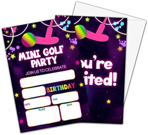 Oztemety Golf Rođendan Pozivnice, Neon Glow Rođendanske pozivnice za dječake, mini golf rođendani za pozivnice,