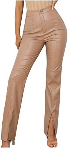 Ženske petite Faux kožne hlače Visoko struk Split Split flare pantalone Ležerne prilike pune rasteza PU kožne