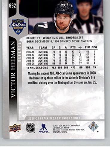 2020-21 Gornja paluba Proširena serija 692 Victor Hedman All-Star Team NHL hokejaški trgovački kartica