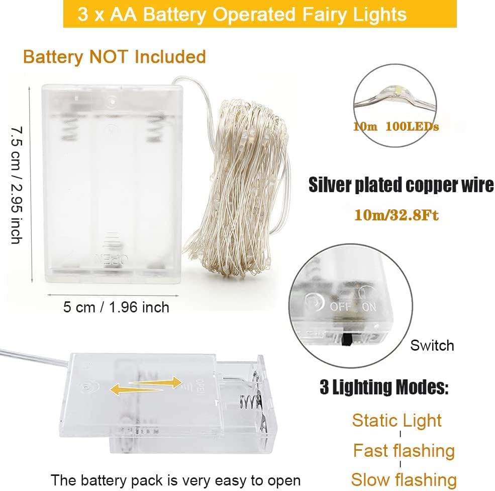 YETHKE 6 paketa Led Fairy Lights baterijska žičana svjetla vodootporna 32.8 stopa 100 Led
