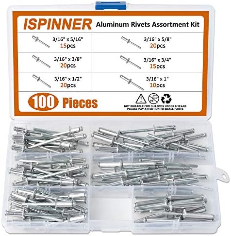 Ispinner 100pcs 6 veličina aluminijske slijepe zakovice, pop zakovice asortiman Kit 3/16 x